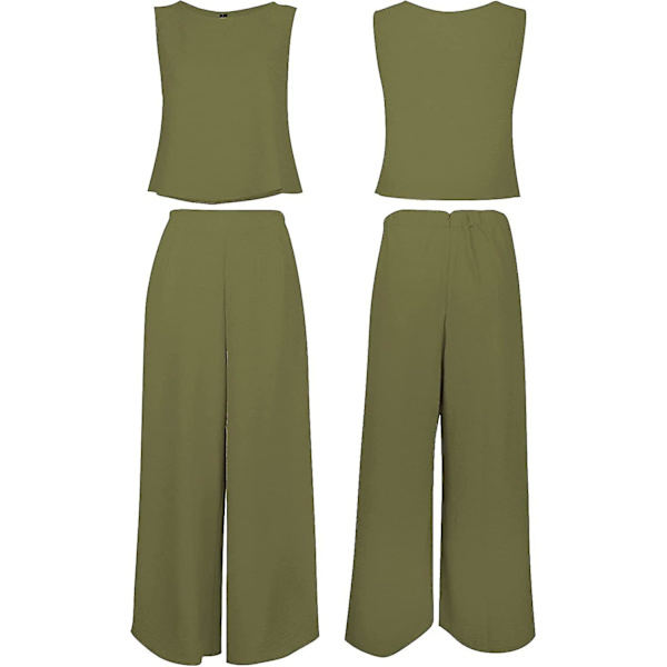 Roylamp Sommer-outfits til kvinder i 2 dele Rundhalset Crop Basic Top Beskåret Bukser med brede ben, Jumpsuits Olive Green X-Small