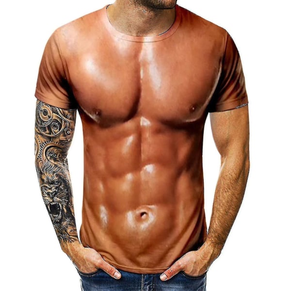 Simulerad muskeltröja för män - 3d Bodybuilding-tröja - t-shirt med naken hud på bröstmuskler 3XL