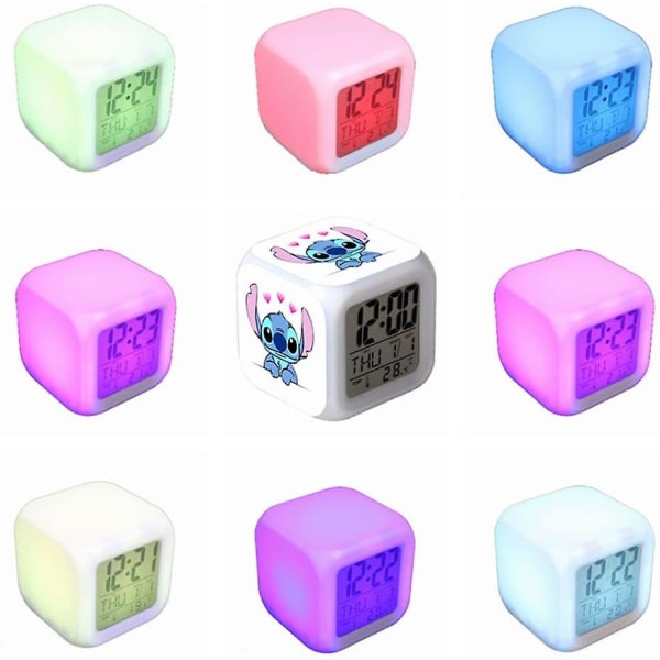 Stitch LED digital väckarklocka - Ministorlek, 8 cm, 3 tum, 7 färger ändras, temperatur, perfekt för barnens sovrum(14)