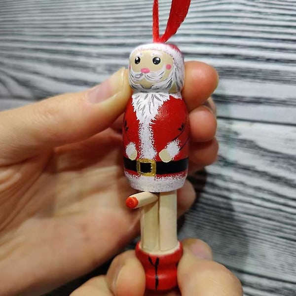 3d Rolig tomte trähänge Miniatyr tomtefigurer med snöre julhänge julgransdekoration-1