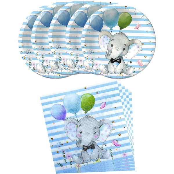 Elefant baby shower, blå elefant födelsedagsfest tillbehör, 20 tallrikar och 20 servetter, elefanttema födelsedagsfest dekoration för pojke
