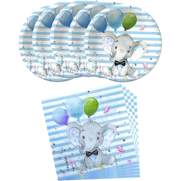 Elephant Baby Shower, Sinisen norsun syntymäpäiväjuhlatarvikkeet, 20 lautasta ja 20 lautasliinaa, norsuteemainen syntymäpäiväjuhlakoristelu pojalle