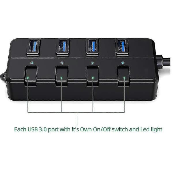 USB 3.0 Hub, 4-ports USB Hub Splitter med forlænget 0,6m / 1,2m kabel, Data Hub W