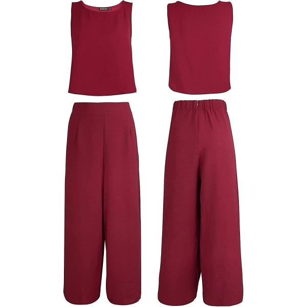 Roylamp Women's Summer 2-delade outfits Rundhalsad Crop Basic Top Beskuren Byxa Set med vida ben Jumpsuits Burgundy Small