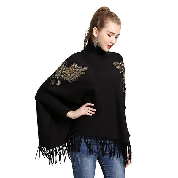 Lös Turtleneck Pullover Wrap Sjal Varm Batwing Blus Med Tassel Stickning Cape För Dam