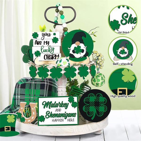 St Patricks Day -koristeet - St Patricks Day -sisustus 12 kpl Porrastettu tarjottimen sisustus, mukana tonttuja, puuhelmiä, puisia kylttejä, maalaistalo Spring Ta