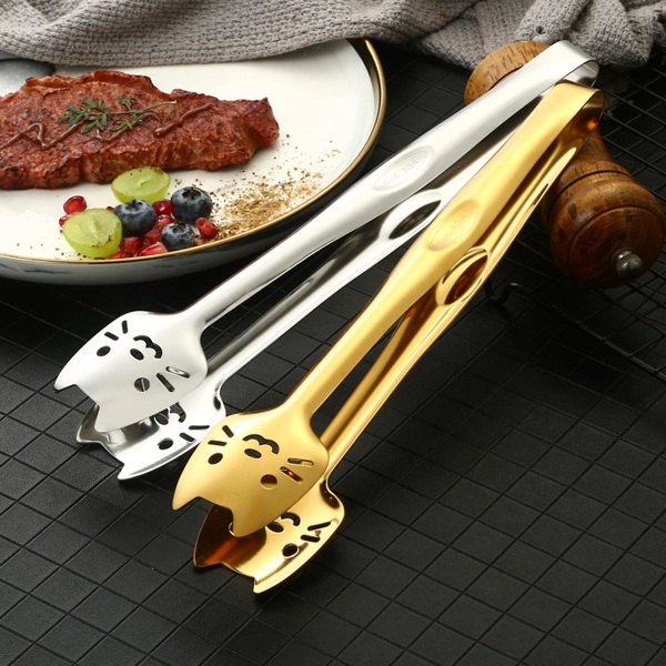 Tyuhe Food Tong Söt katthuvudform i rostfritt stål Matklämma Halkfri bakklämma med långa handtag för BBQ-kök Golden