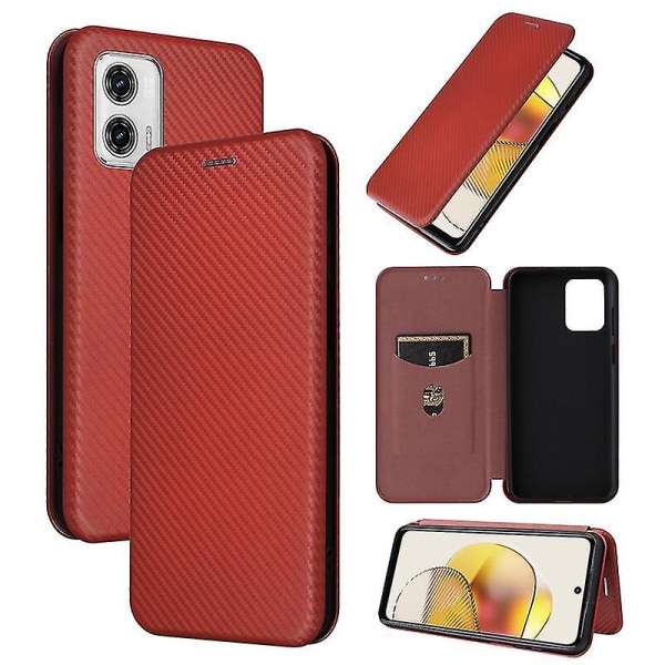 Kompatibel med Motorola Moto G73 5g Carbon Fiber Læder Taske Folio Flip Beskyttende Magnetisk Cover Brown