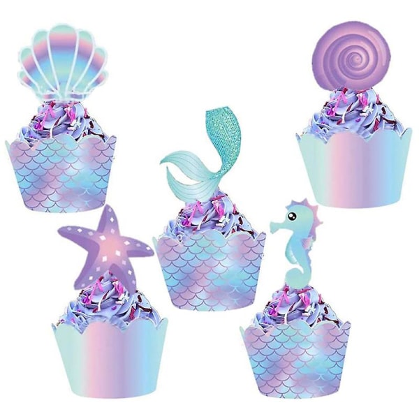 20 stk/sæt Havfruefest Cupcake Toppers Indpakning Havfruer kagedekoration Purple