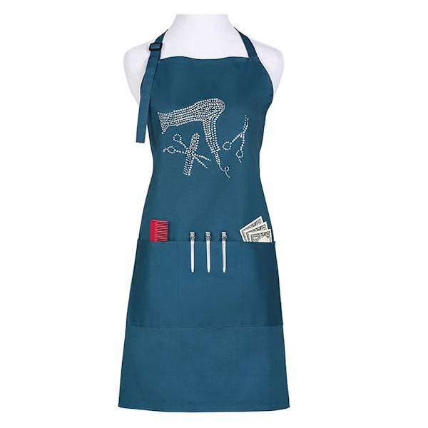 Barber Apron Rhinestone Tools Hairdresser Apron 3 Pockets and Long Ties blue