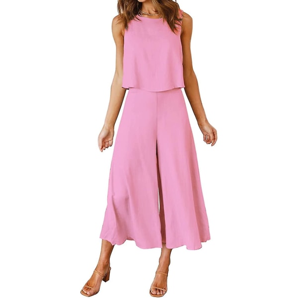 Roylamp Sommer-outfits til kvinder i 2 dele Rundhalset Crop Basic Top Beskåret Bukser med brede ben, Jumpsuits Light Cherry Pink Medium