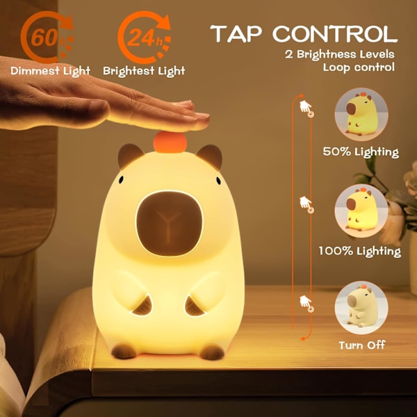 Capybara Natlampe, LED Sød Silikon Squishy Dyrelampe, Genopladelig Sengelampe med Berøringsfunktion til Amning, Småbørn, Børn, Kawaii Gaver, Rumindretning