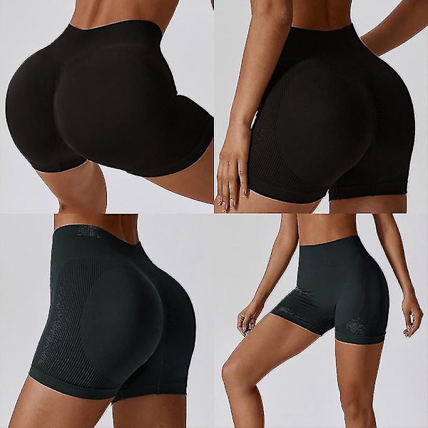 Sömlösa Sportshorts med Hög Midja, Hög Elastisk Andningsbar Träningsbyxa För Löpning Cykling Black L