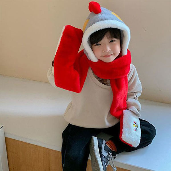 Barn Pojkar Flickor Ultraman Winter Warm 3 i 1 Fleece Huva Hatt Scarf Handskar Red
