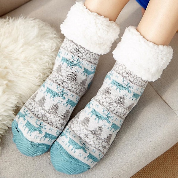 Kvinnors hjort mysiga tofflor strumpor fleece lång jul mjuk varm golvsocka Lake Blue