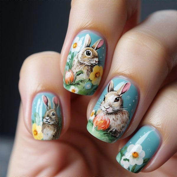 Vårblommor Söta Kaniner Graffiti Himmelsblå Lösnaglar Färdiga Nagelkonst Nagellappar Påsk 24 st
