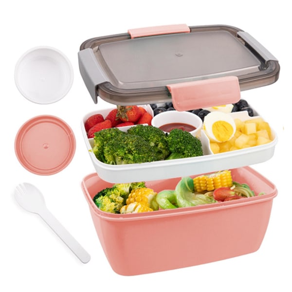 Salat lunsjboksbeholder 5-roms stor kapasitet, stablebar BPA-fri lekkasjesikker salatbeholder med skje Pink