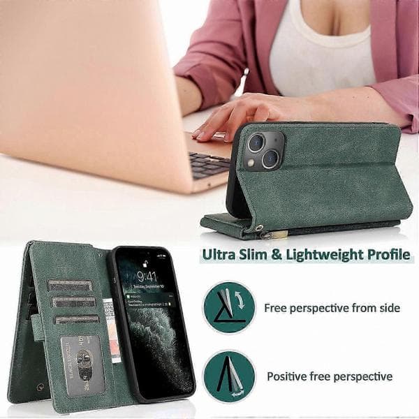 Læder Lynlås Pung Etui til 14 Pro Telefon Dark Green