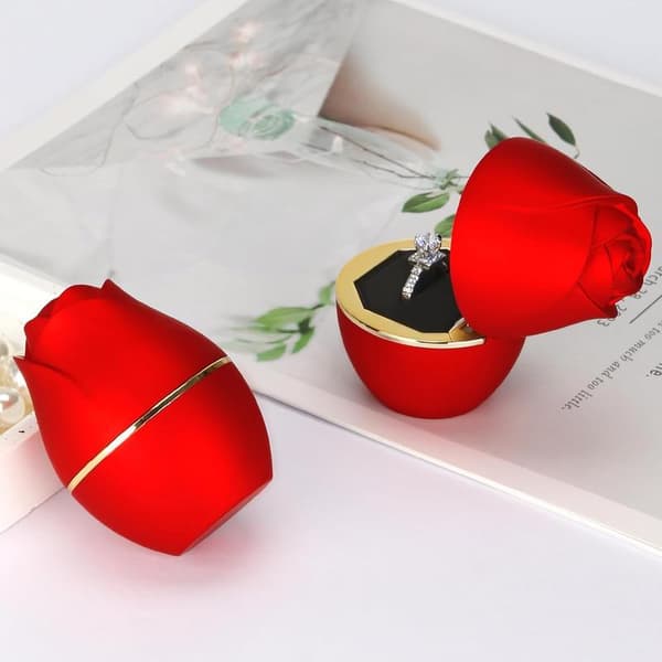 1 st Rosformad Ringpresentask med LED-ljus, LED-sammet Smyckesring Örhängehållare Ask, Smyckesdisplayask för
