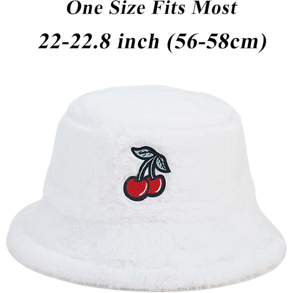 Fuzzy Bucket Hat för Kvinnor och Män - Luddig, Söt Bucket Hat för Vinter, Varm Plysch, Fiskehatt, Fluffig Sherpa, Rolig Hatt Cherry-a-white