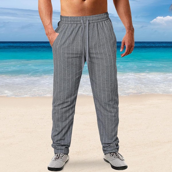 Nya Herr Vertikalrandiga Dragsko Elastisk Midja Bomull och Linne Strandbyxor Casual Byxor Grey M