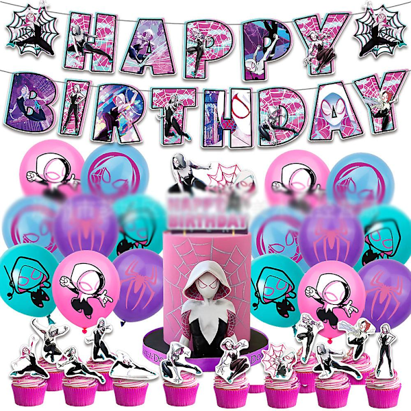 Spider-Gwen syntymäpäiväjuhlan koristeet, supersankari-aiheiset juhlatarvikkeet lapsille, sisältää Happy Birthday -kyltin, kakku-/kuppikakkukoristeen, ilmapallon