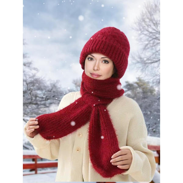 Beaniehatt med Integrerat Öron- och Vindskydd, Elastisk Stickad Tjock Varm Sammansatt Vinter Wine Red