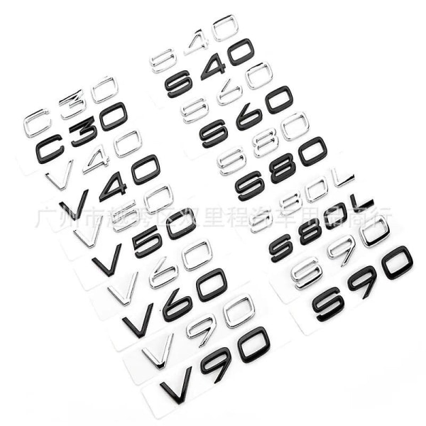 3d svarta bilkoffertbokstäver för Volvo C30 V40 V50 V60 V90 S40 S60 S80 S90 Xc40 Xc60 Xc90 Emblem Logotyp Badge Sticker Tillbehör S90 Glossy Black