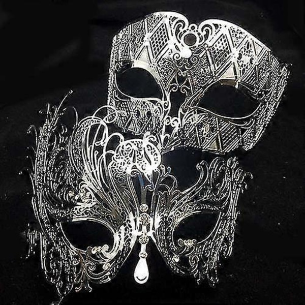 Svart Silver Guld Metall Filigran Laser Skuren Par Venetian Mask Bröllop Boll Mask Halloween Maskerad Kostym Masker Set Silver Clear Diamond