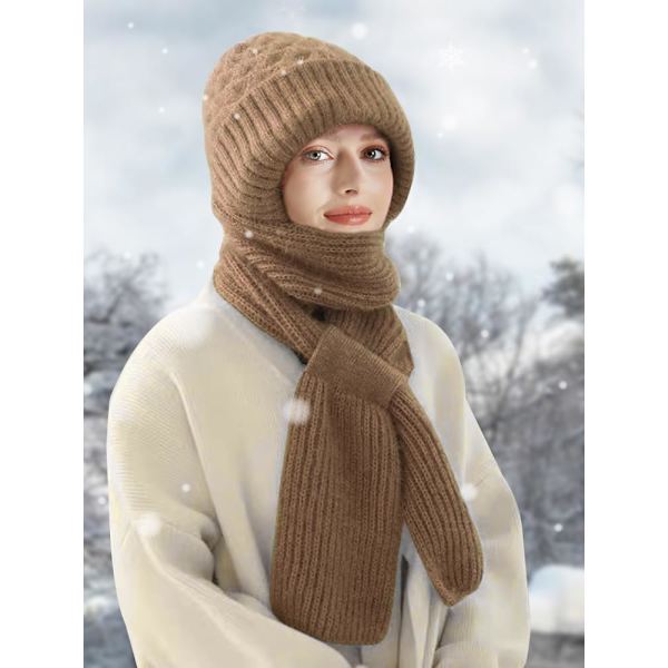 Beaniehatt med Integrerat Öron- och Vindskydd, Elastisk Stickad Tjock Varm Sammansatt Vinter Brown