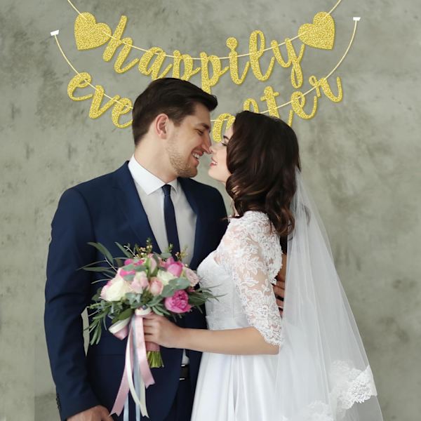 Happily Ever After Sølv Glitter Bunting Banner, Forlovelse, Brudebruser, Bryllupsfest Fotoboks Rekvisitter Skilte, Forudstrenget Kursiv Bunting