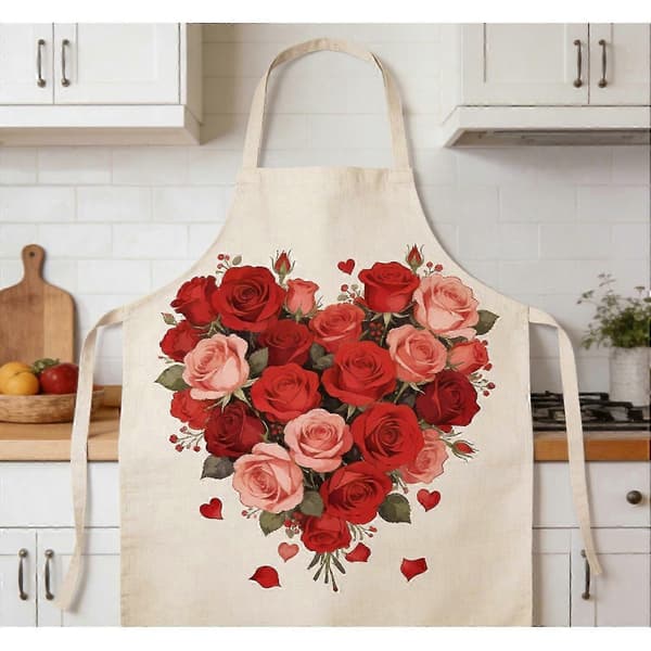 1 stk Valentinsdag Romantiske Roser og Hjerter Flat-trykt Forkle, laget av lettstelt polyesterstoff, egnet for feriebaking, matlaging og hagearbeid 1pcs