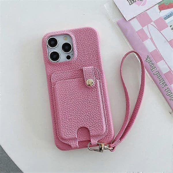 Multi-funktionelt læderbagcover med kortpladser og håndledsrem til iPhone 16 Pro Max Pink