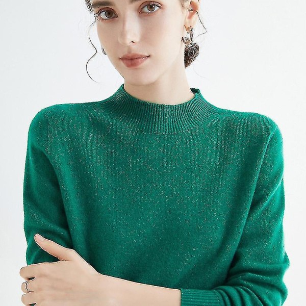 Cashmere genser for kvinner 100 % Cashmere lett, langermet strikket genser med rund hals green M