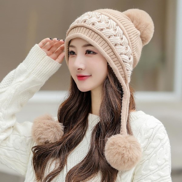 Dam vinter Peruvian öronbeklädnad Beanie Hat Öronklaffar Sherpa Skidmössa Stickad Fleecefodrad 3 Pom Khaki One Size