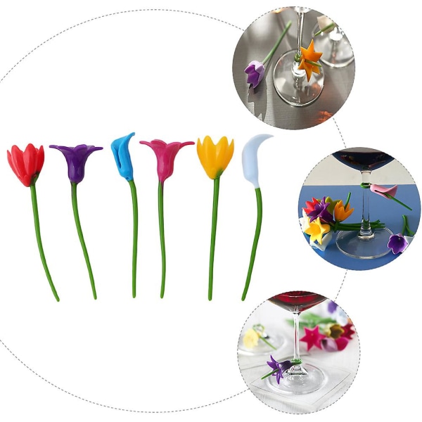 6 stk Blomsterform Vinglass Charms Silikon Glass Markers Party Favors Supplies Red Yellow Blue 12x4x3cm