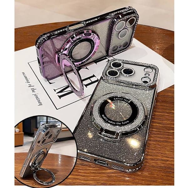 Magnetic Stand for iPhone 17 Pro Max Case, [MagSafe Compatible] [Built-in Camera Lens Protector] Glitter Bling Card & Soft TPU Diamond Bumper