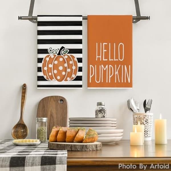 45x65cm Set med 2 Orange Prickiga Ränder Hello Pumpkin Höst Kökshanddukar Disktrasor, Bondgårdsinredning Handduk