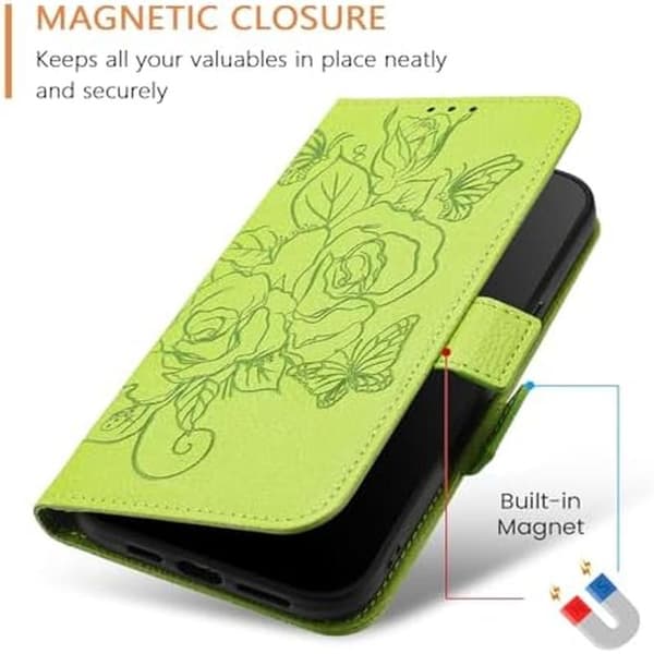 Plånboksfodral för iPhone 16 Pro Max, Läder med Kortfack, Rosblommigt Magnetstativ RFID-skydd