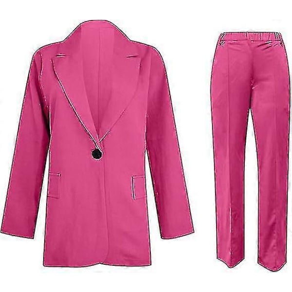 Naisten 2-osainen asu, Blazer-setti, Elegantti Liike- ja Työasu, Vintage Klassikko, Yksivärinen, Ryppyinen Hiha, Auki Edestä, Puku Takki ja Suorat Housut L Rose red