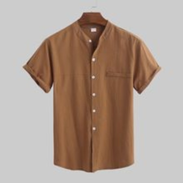 Kortermet herreskjorte, bomulls-lin, hvit skjorte, kortermet herreskjorte Brown L