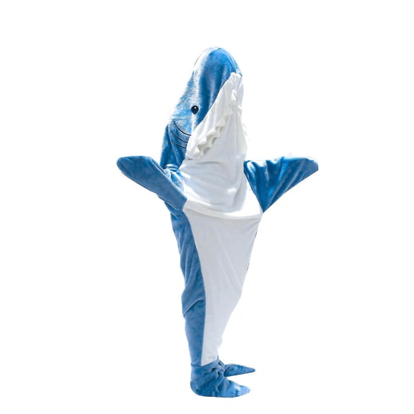 Adult Shark Blanket -huppari - Sininen valkoinen - Käytettävä peittomakuupussi S