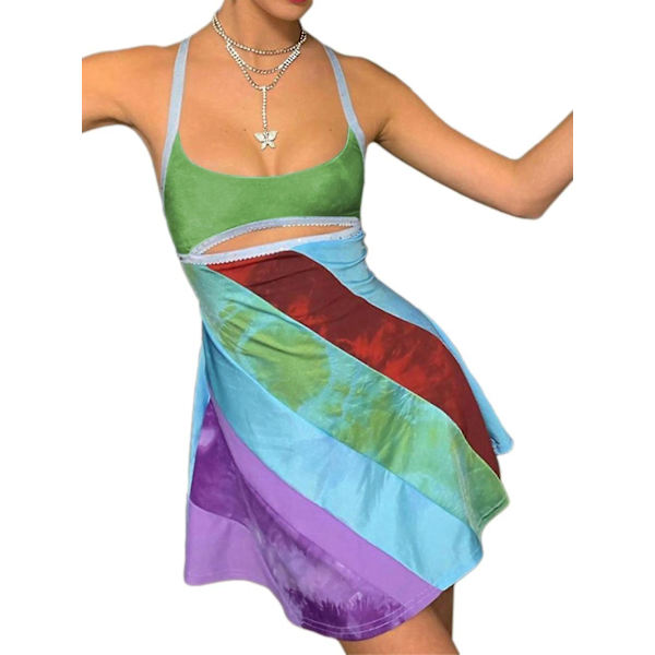 Vintage Cami Kjole Til Kvinder Retro Bodycon Mini Kjoler Mode Farverige Stribet Print Tilpasset Stropløs Kjole Fi Green XL