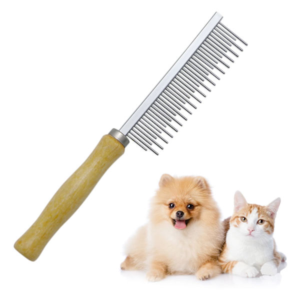 Træhåndteret plejekam til hunde, katte og kæledyr Long & Short Teeth Comb