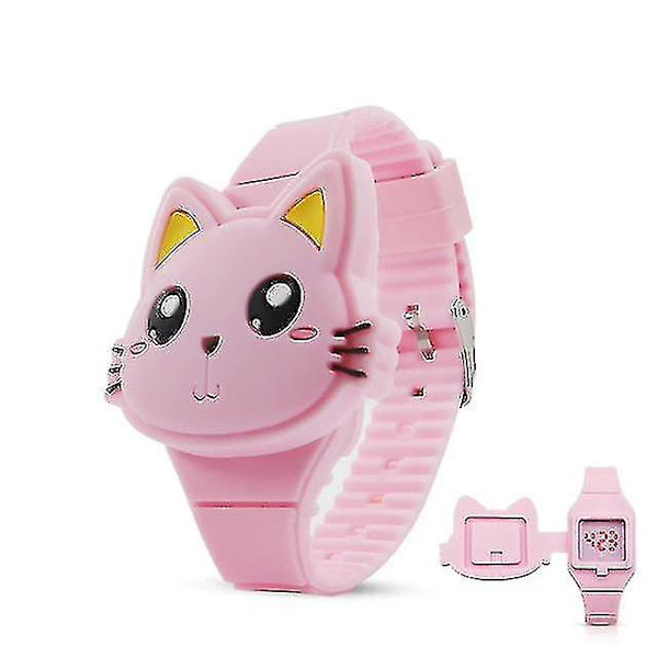 3D barnklockor söta kanin katt tecknad LED elektronisk barnklocka barn pojkar och flickor silikonleksak Pink