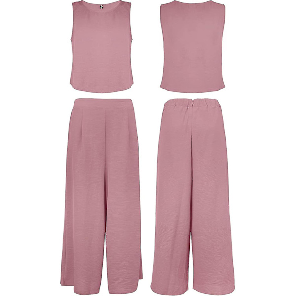 Roylamp Sommer-outfits til kvinder i 2 dele Rundhalset Crop Basic Top Beskåret Bukser med brede ben, Jumpsuits Cherry Pink X-Small