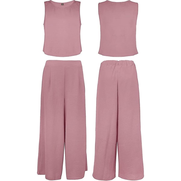 Roylamp Women's Summer 2-delade outfits Rundhalsad Crop Basic Top Beskuren Byxa Set med vida ben Jumpsuits Cherry Pink Small