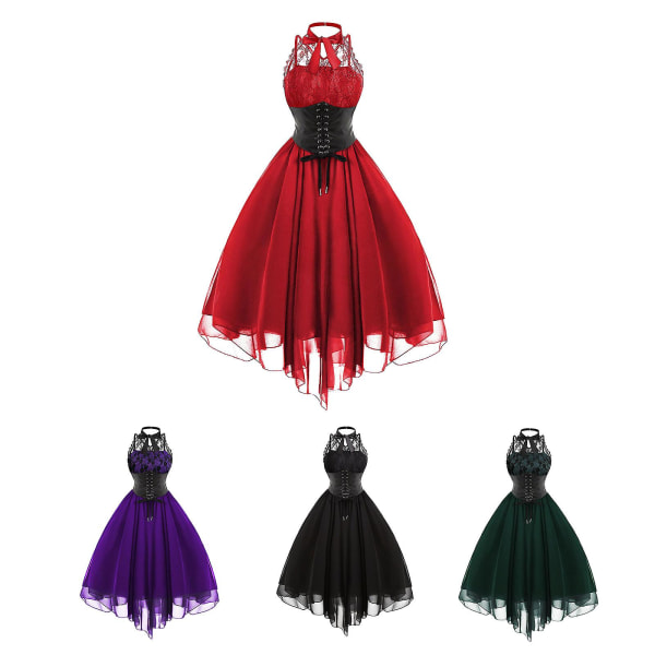 Steampunk naisten goottilainen mekko, hihaton korkea matala design pitsinen keskiaikainen puku Black 5XL