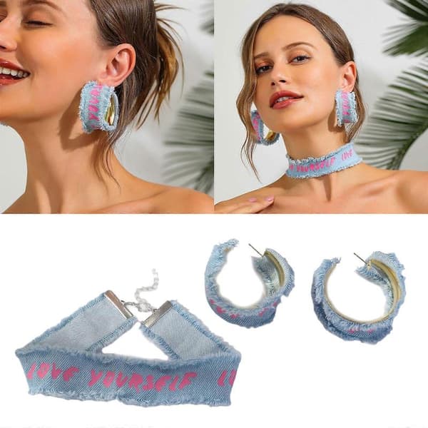 Chic Denims Blå Tekstil Halskæde og Øreringe Combo Moderigtigt Smykkesæt Mode Tilbehør til Stilfulde Piger T2177 2pcs set