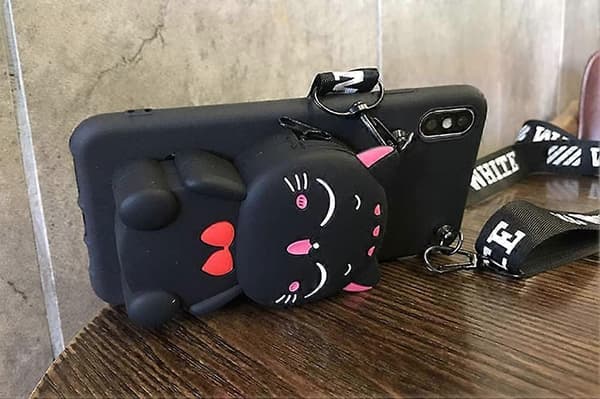 iPhone 13 Pro Max Cover Sød Kat med Lynlås Crossbody Snor (Sort) wcH